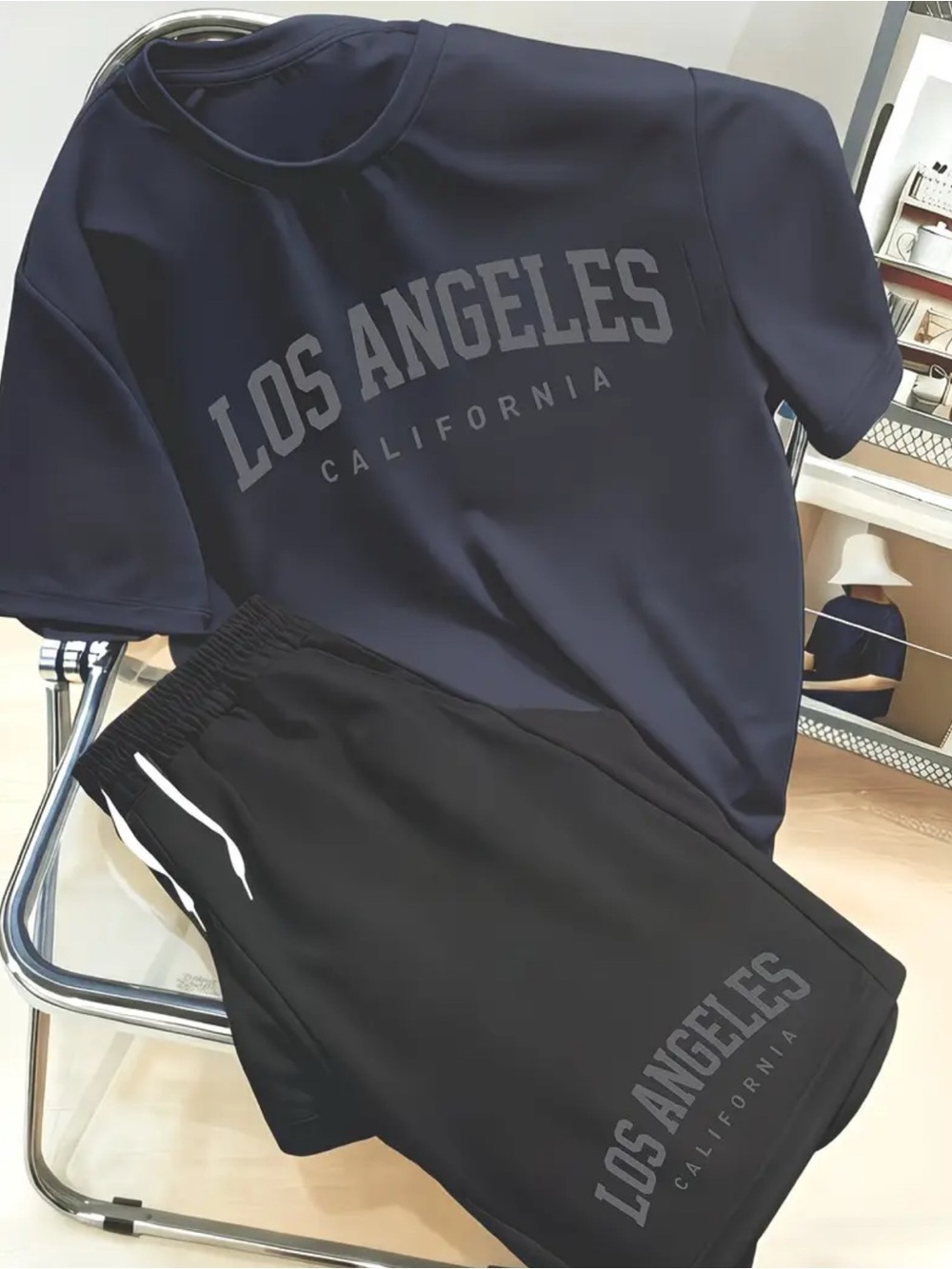 Los Angeles California Graphic Tee & Shorts Set - Navy & Black